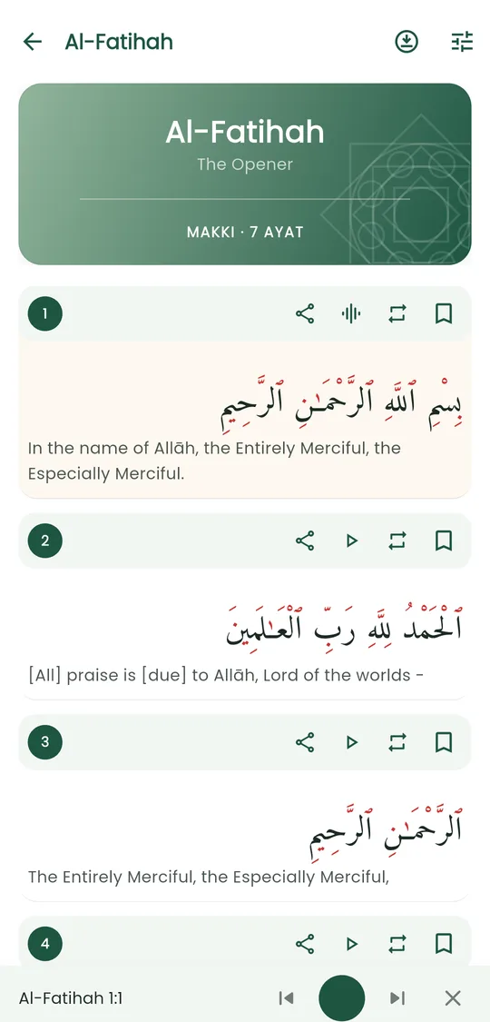 Quran reader showing Al-Fatihah with translation